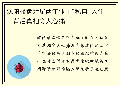 沈阳楼盘烂尾两年业主“私自”入住，背后真相令人心痛